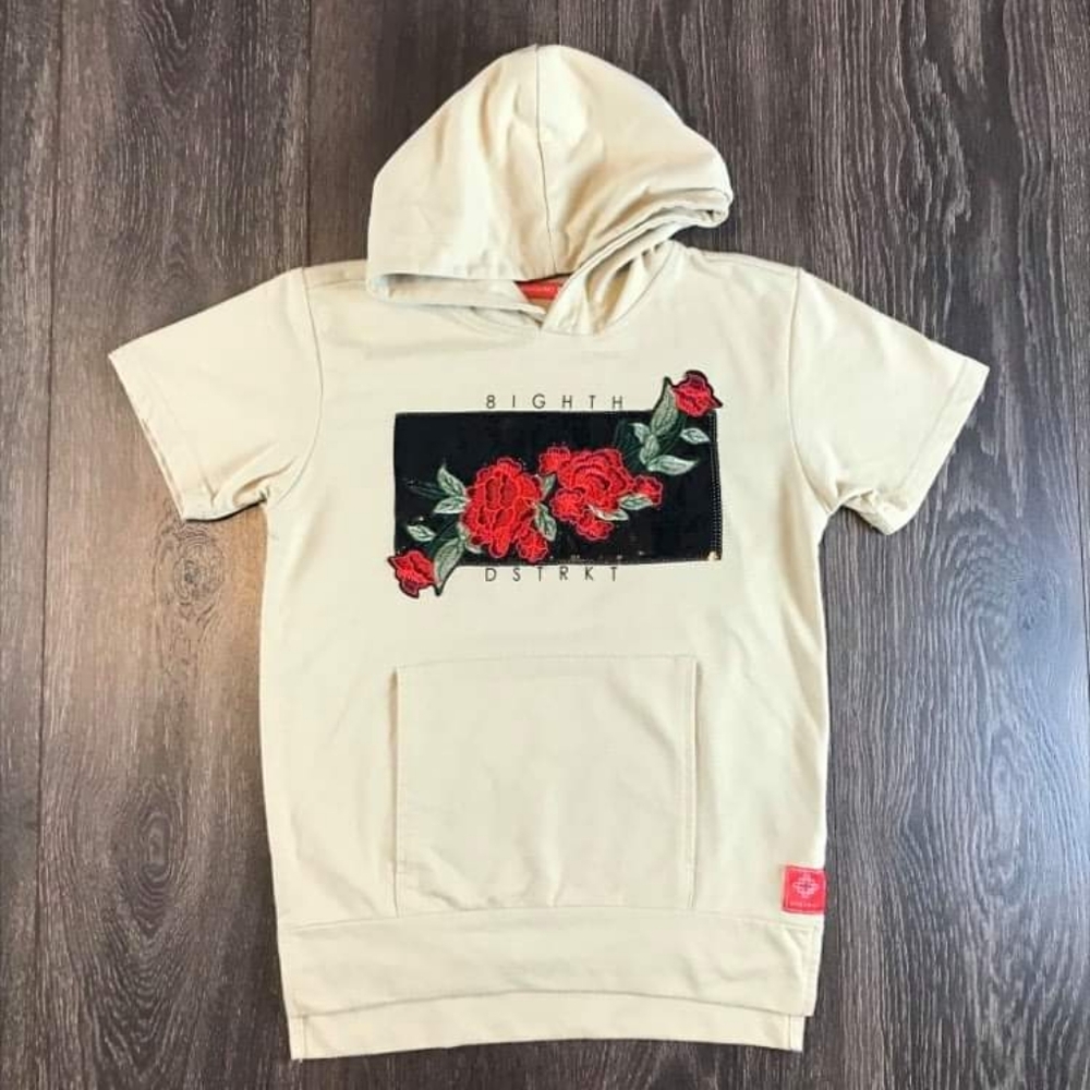 8IGHTH DSTRKT New York Terry Sequin Rose Boys Cream Hoodie Short Sleeve Sz 13-14